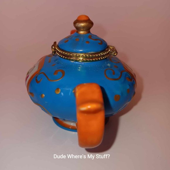 BUTTERFLY TRINKET PORCELAIN HINGED MINI TEAPOT - ABOUT 3" TALL - BLUE & BRICK - Picture 5 of 8